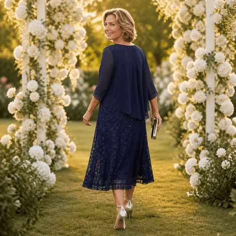 Elavine Lace Overlay Chiffon Women's Midi Dress with Sheer Sleeves