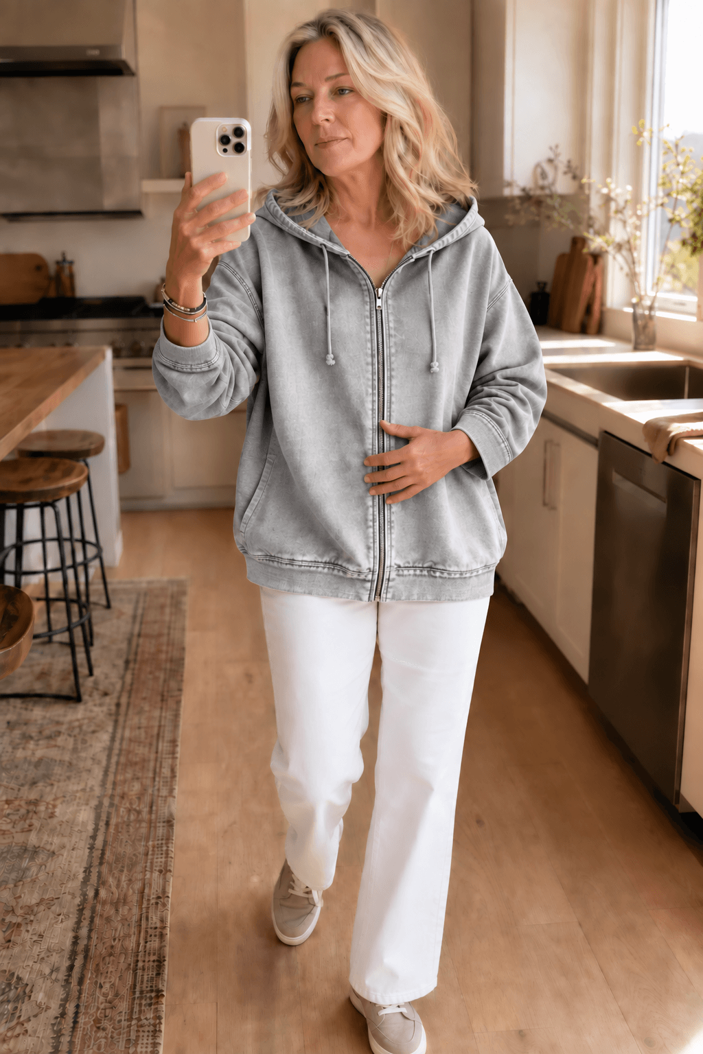 Women's Washed Oversized Zip-Up Hoodie with Lined Hood