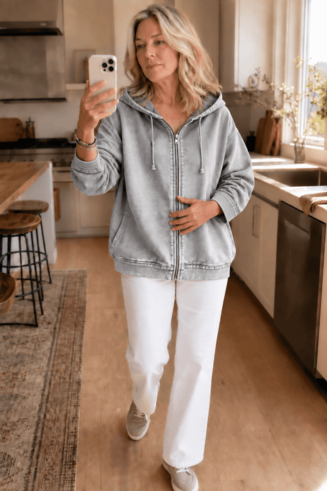 Women's Washed Oversized Zip-Up Hoodie with Lined Hood