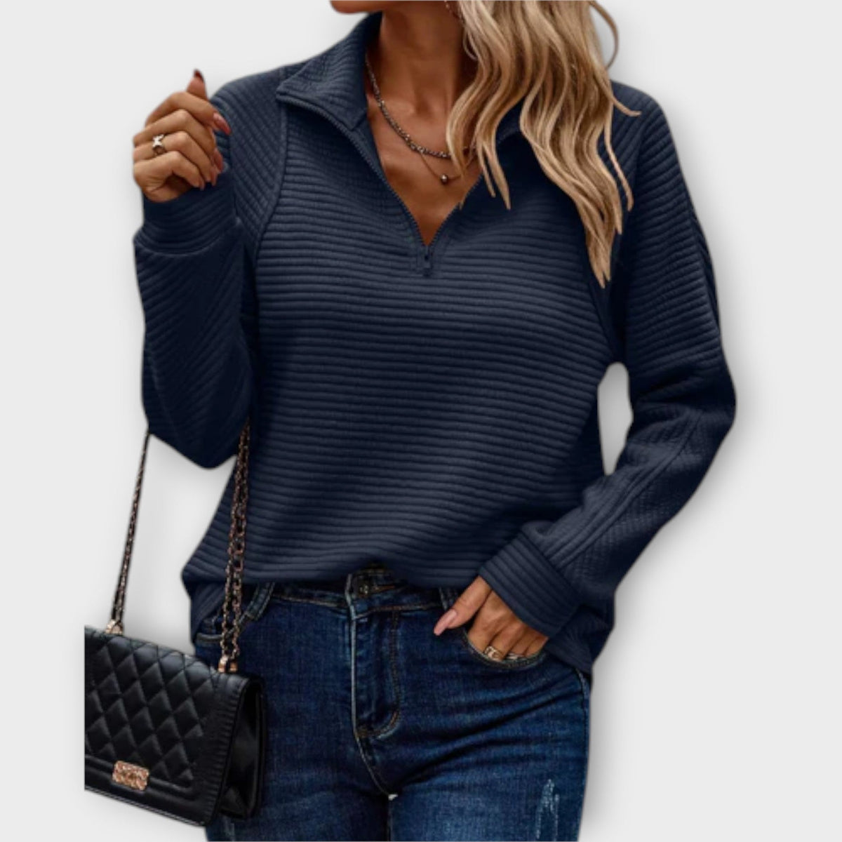 Chrystah Ribbed Quarter-Zip Pullover with Stand Collar
