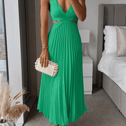 Sanne Pleated Satin Cutout Midi Dress for Women with V-Neck