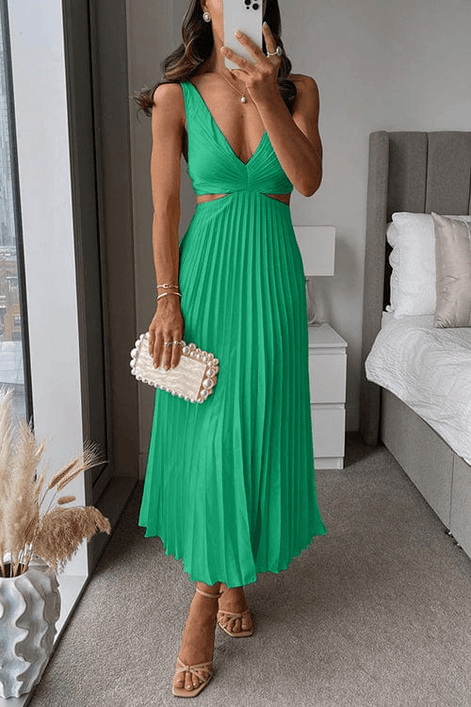 Sanne Pleated Satin Cutout Midi Dress for Women with V-Neck