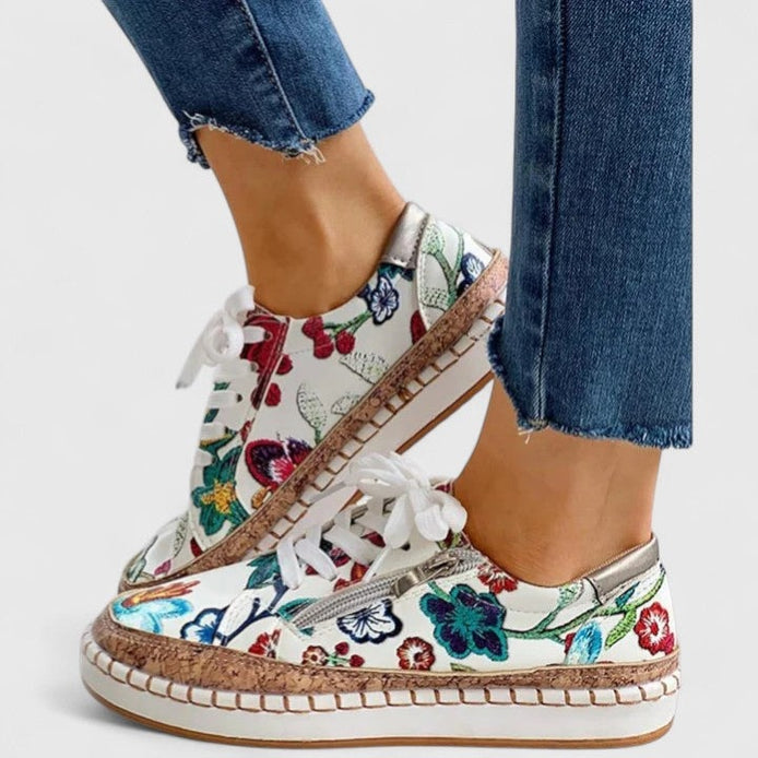 Olisette Floral Embroidered Lace-Up Platform Trainers for Women's Comfort