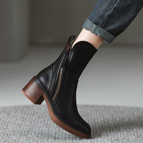 Bellora Zip-Detail Leather Ankle Boots for Women with Block Heel