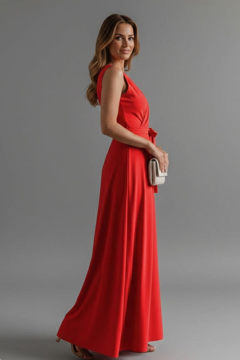 Satin Wrap Maxi Dress with Tie Waist for Christmas Party in Red