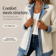 Women's Ribbed Knit Cardigan Coat with Denim Panel Trim