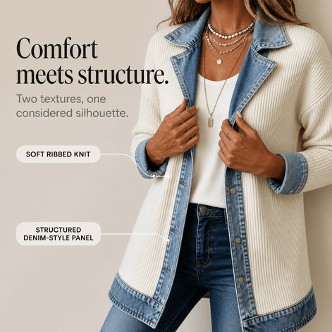 Women's Ribbed Knit Cardigan Coat with Denim Panel Trim