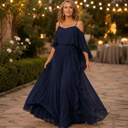 Cold Shoulder Chiffon Women's Midi Dress with Cascading Side Drape