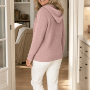 Women's Ribbed Zip-Up Hooded Knit Cardigan with Drawstring Hood