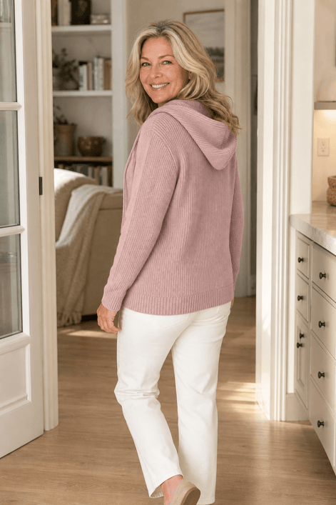 Women's Ribbed Zip-Up Hooded Knit Cardigan with Drawstring Hood
