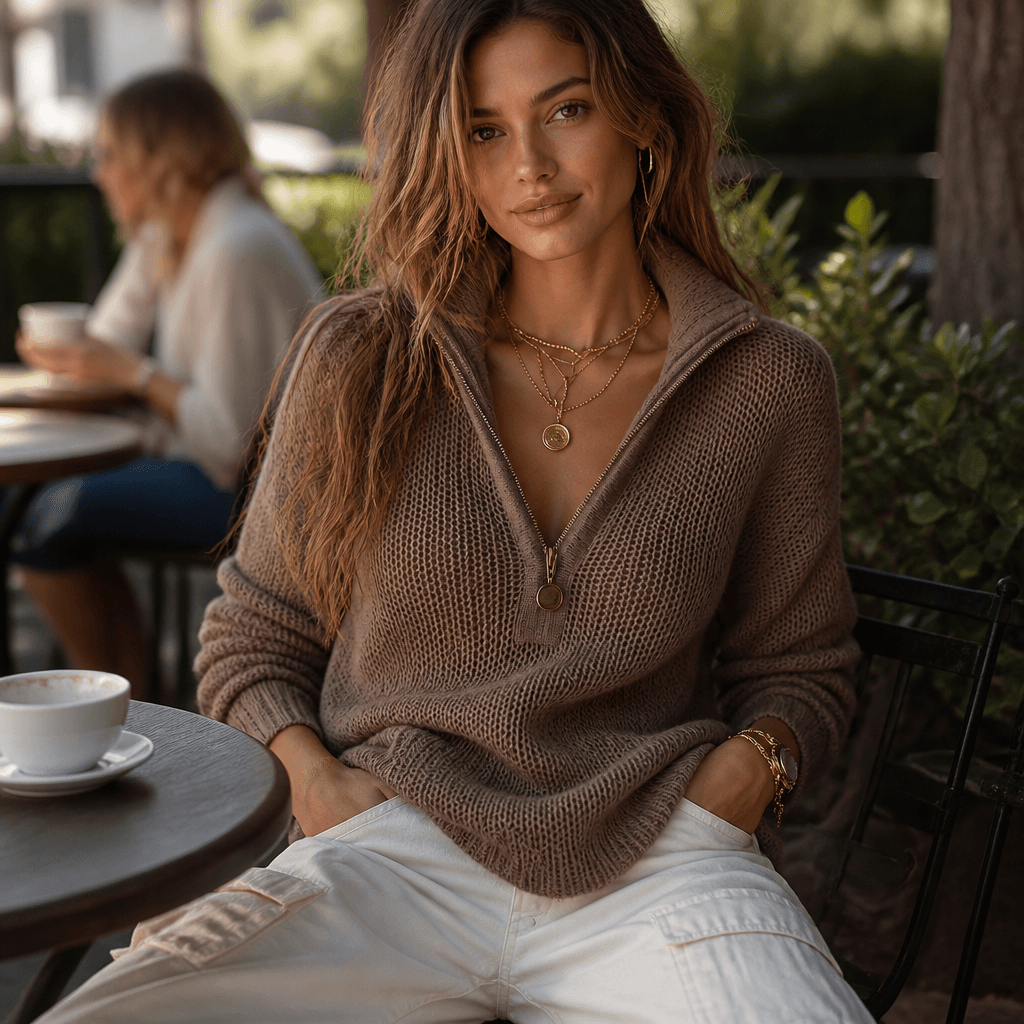 Women's Half-Zip Collar Knitted Jumper with Textured Stitch