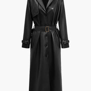 Long Belted Faux Leather Trench Winter Coats Women Solid