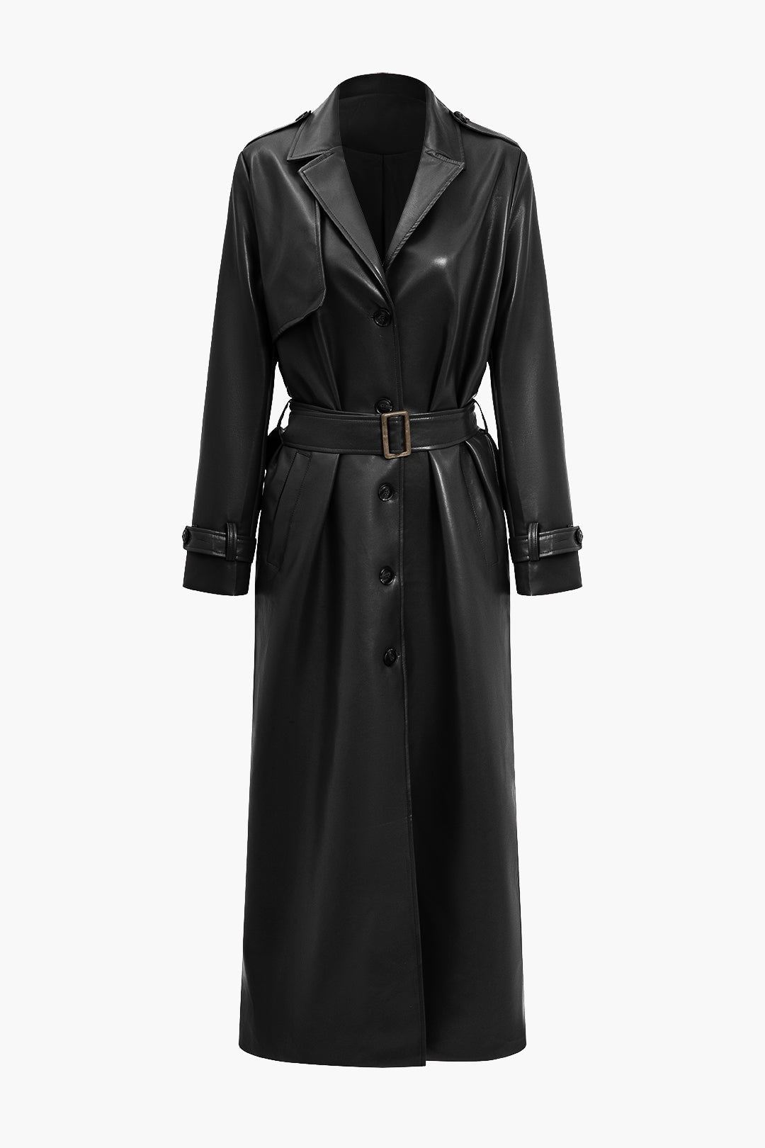Long Belted Faux Leather Trench Winter Coats Women Solid