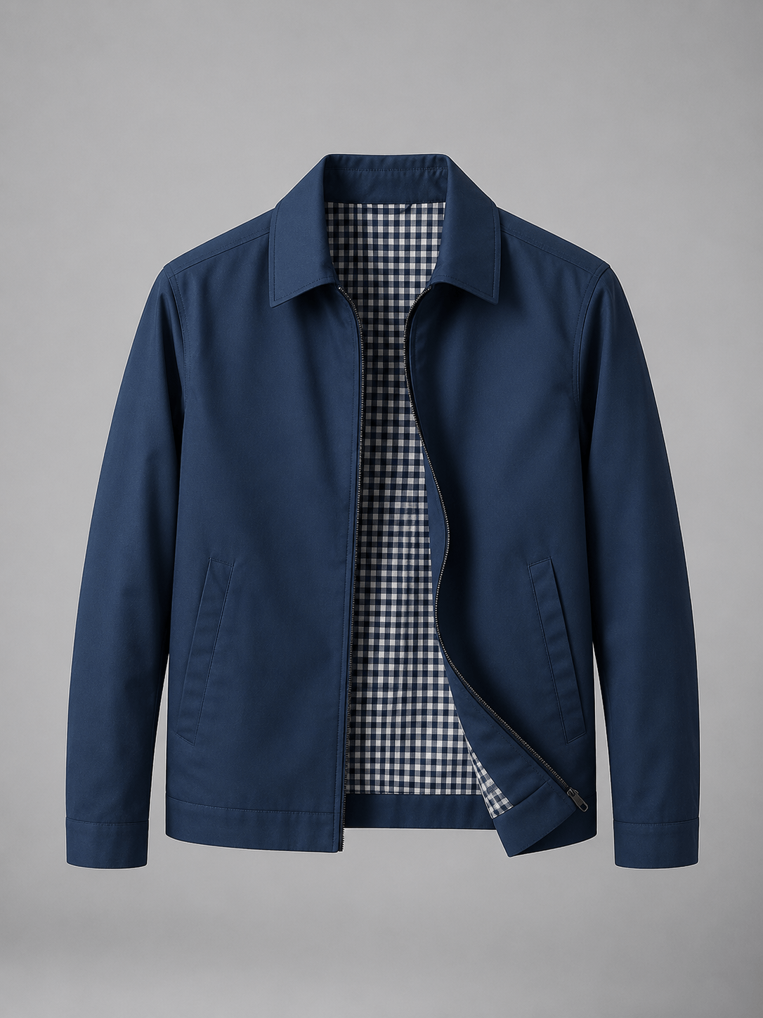 Lightweight Full Zip Mens Jacket with Checked Lining and Point Collar