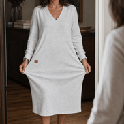 Women's A-Line V-Neck Midi Dress with Long Sleeves
