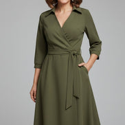 Long Sleeve Wrap Midi Dress in Polyester Blend for Christmas Party Occasions