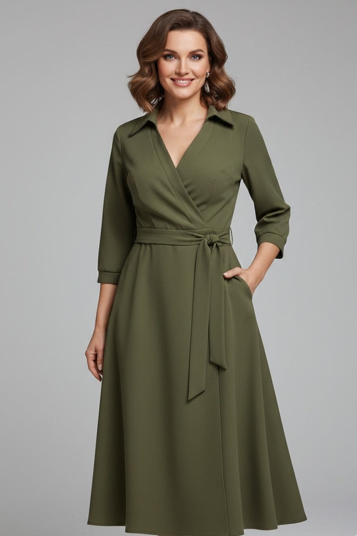 Long Sleeve Wrap Midi Dress in Polyester Blend for Christmas Party Occasions