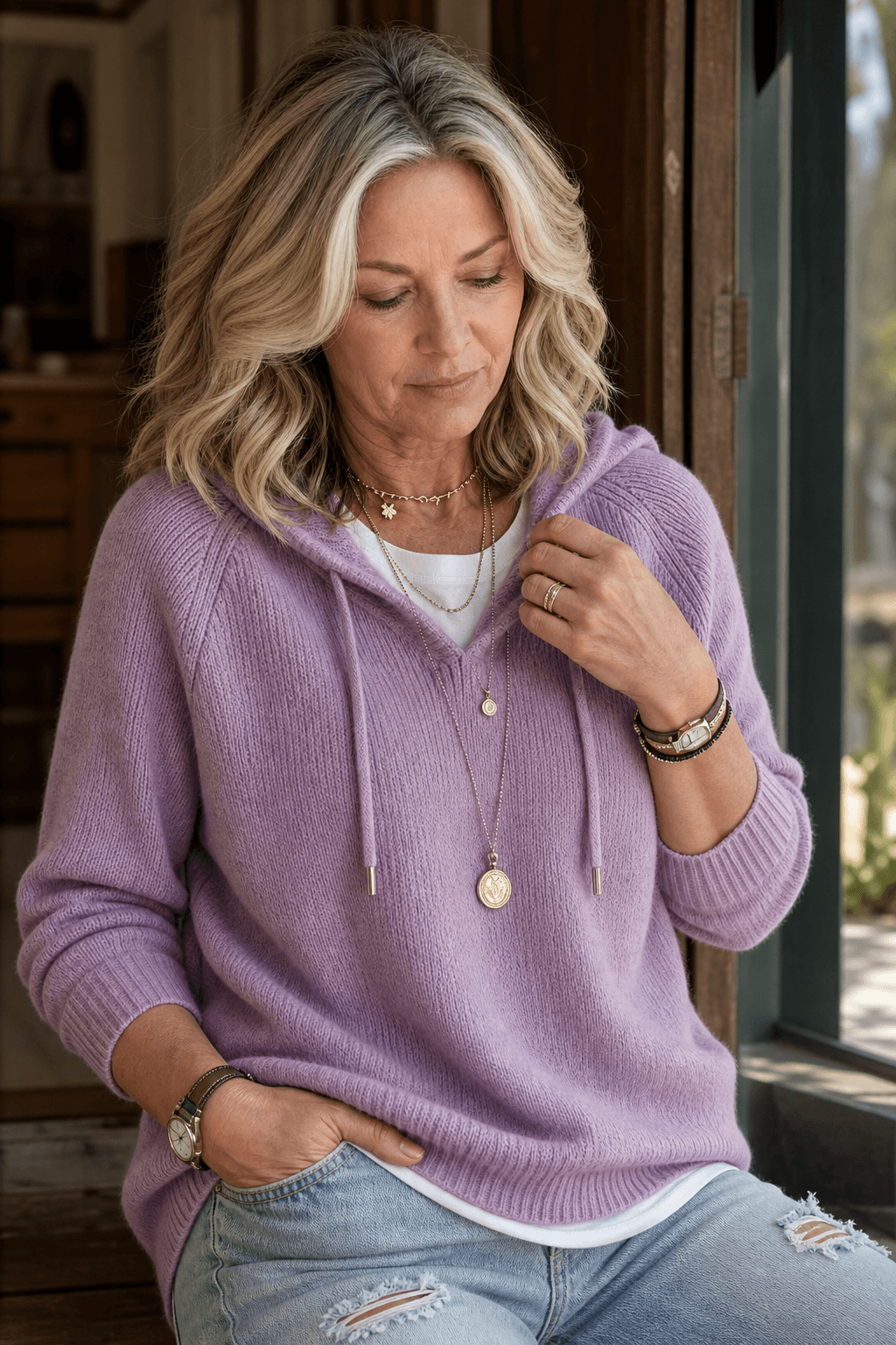 Women's Drawstring Hood Ribbed Knit Jumper