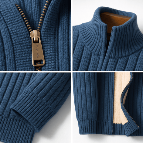 Men's Ribbed Knit Full-Zip Cardigan with Stand Collar
