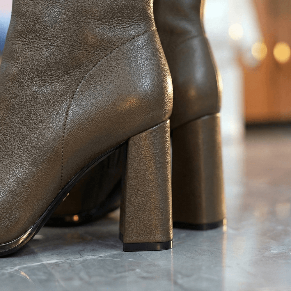 Women's Stretch Knit Block Heel Boots with Side Zip and Faux Leather Trim