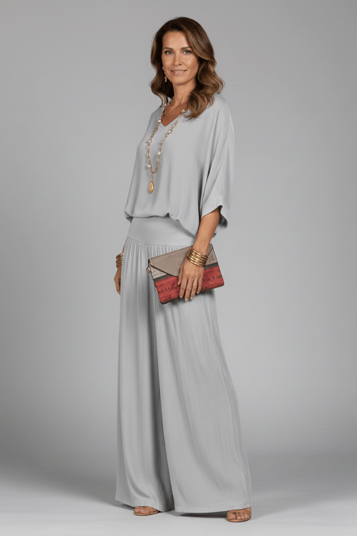 Natalie Chiffon Wide-Leg Women's Two-Piece Co-Ord Set with Draped Top