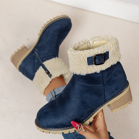 Women's Faux Suede Ankle Boots with Shearling Cuff and Block Heel