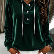 Women's Long-Sleeve Velvet Hoodie with Button Placket and Drawstring