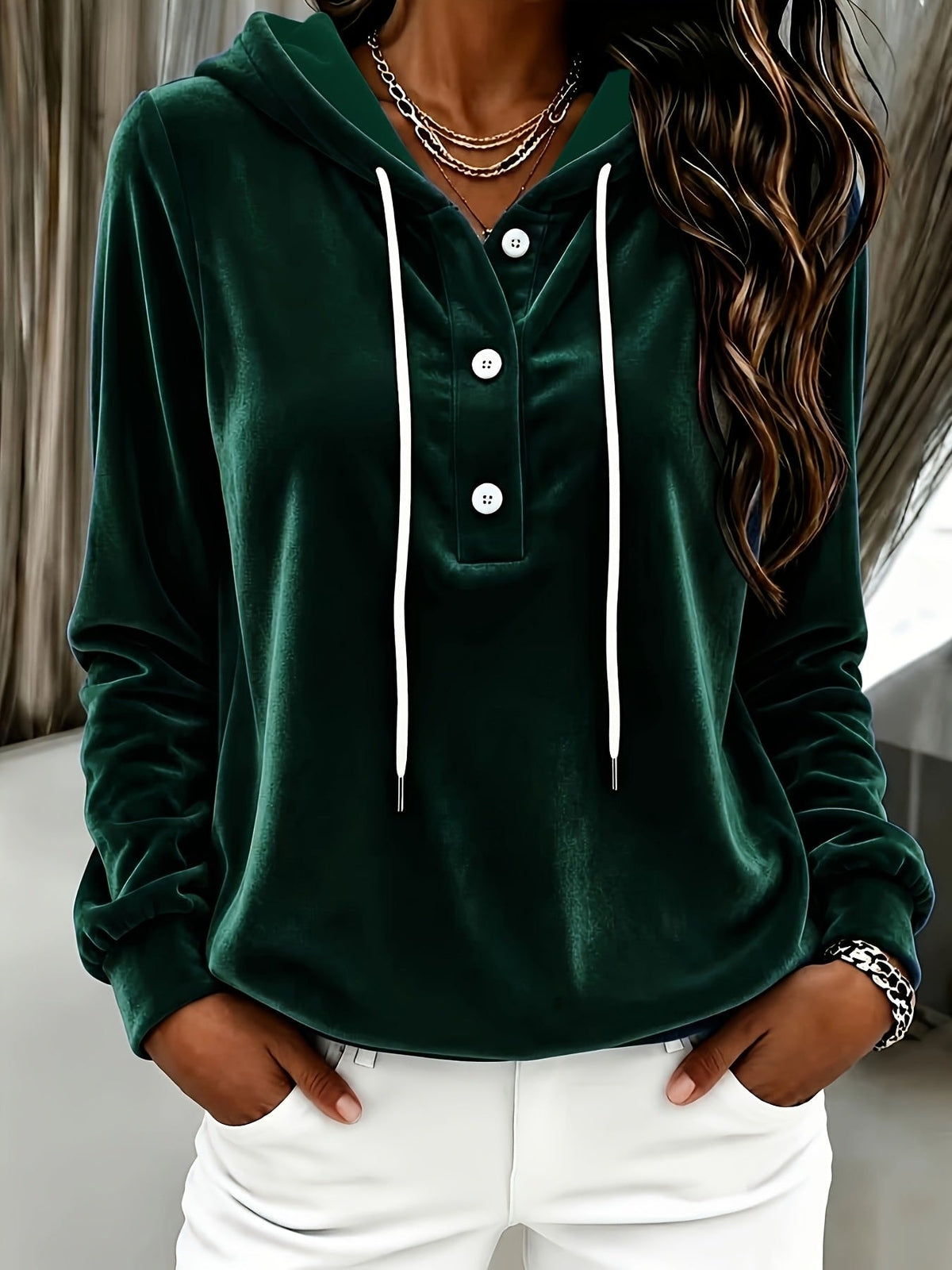Women's Long-Sleeve Velvet Hoodie with Button Placket and Drawstring