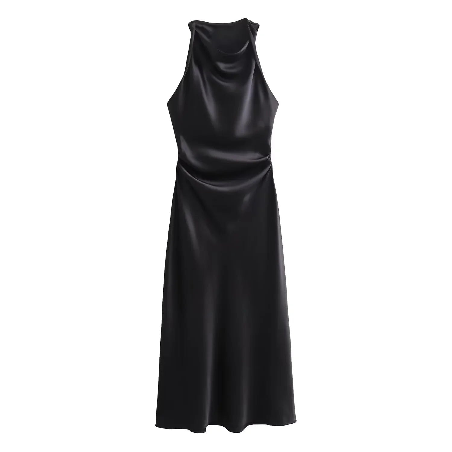 Satin Cowl Neck Midi Christmas Dress with Solid Pattern