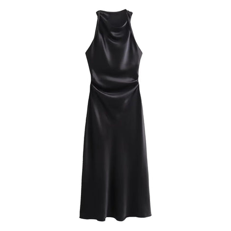 Satin Cowl Neck Midi Christmas Dress with Solid Pattern
