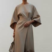 Belted Satin Midi Dress with Draped Skirt for Christmas Parties