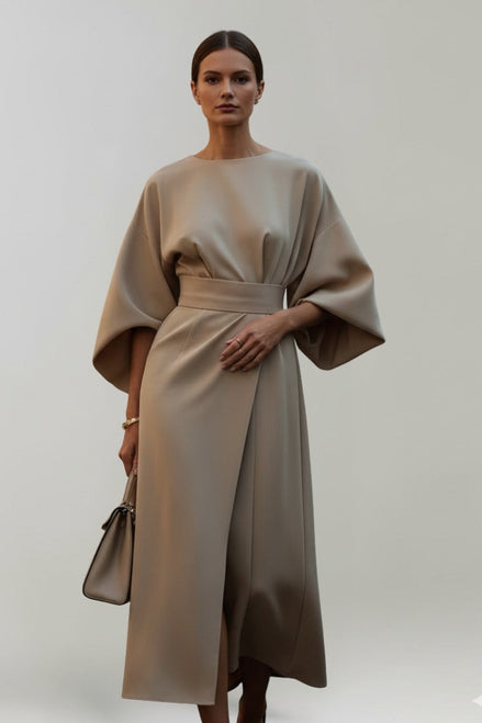 Belted Satin Midi Dress with Draped Skirt for Christmas Parties