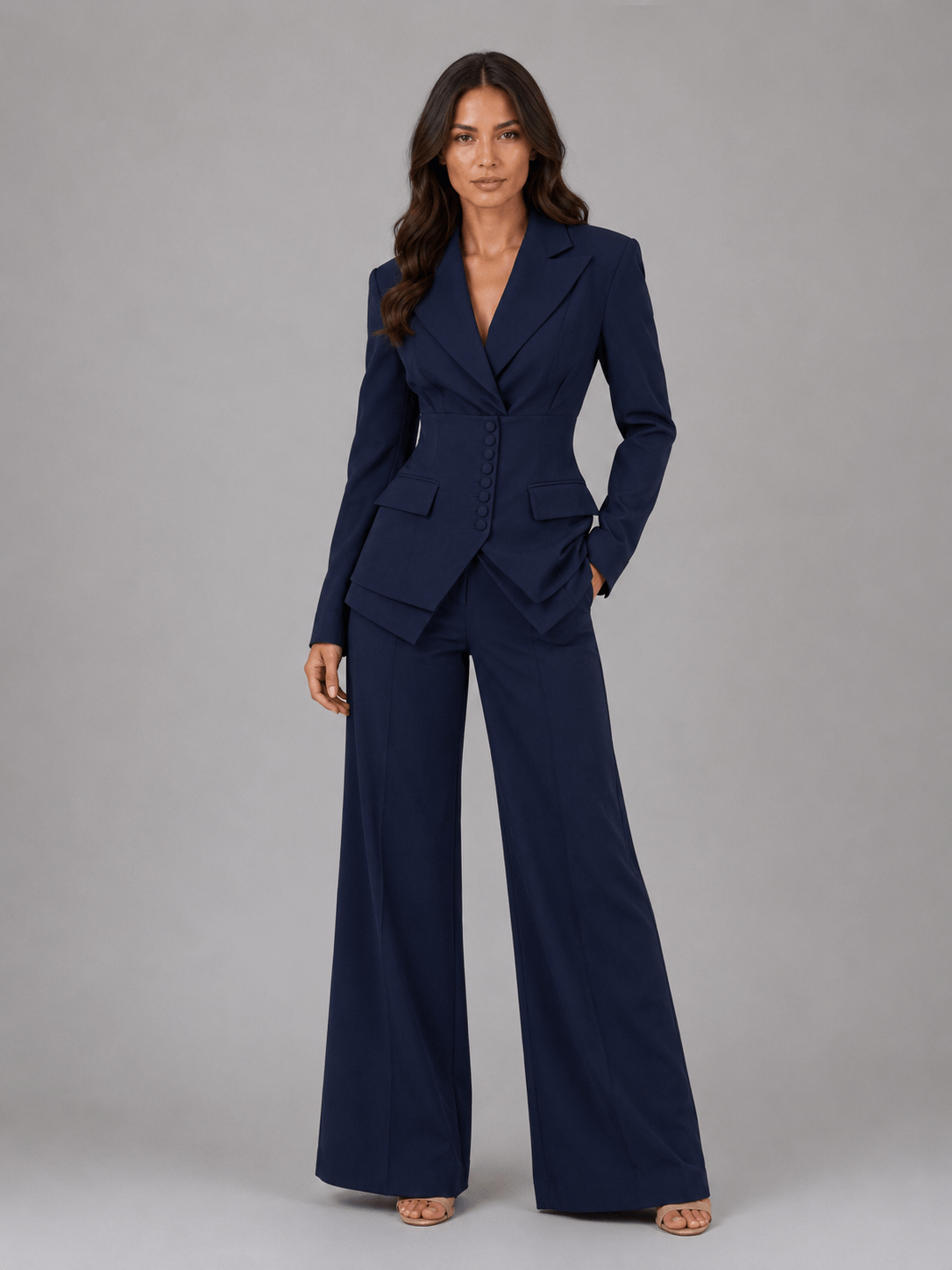 Cinched-Waist Blazer and Wide-Leg Trousers Two-Piece Co-ord Set