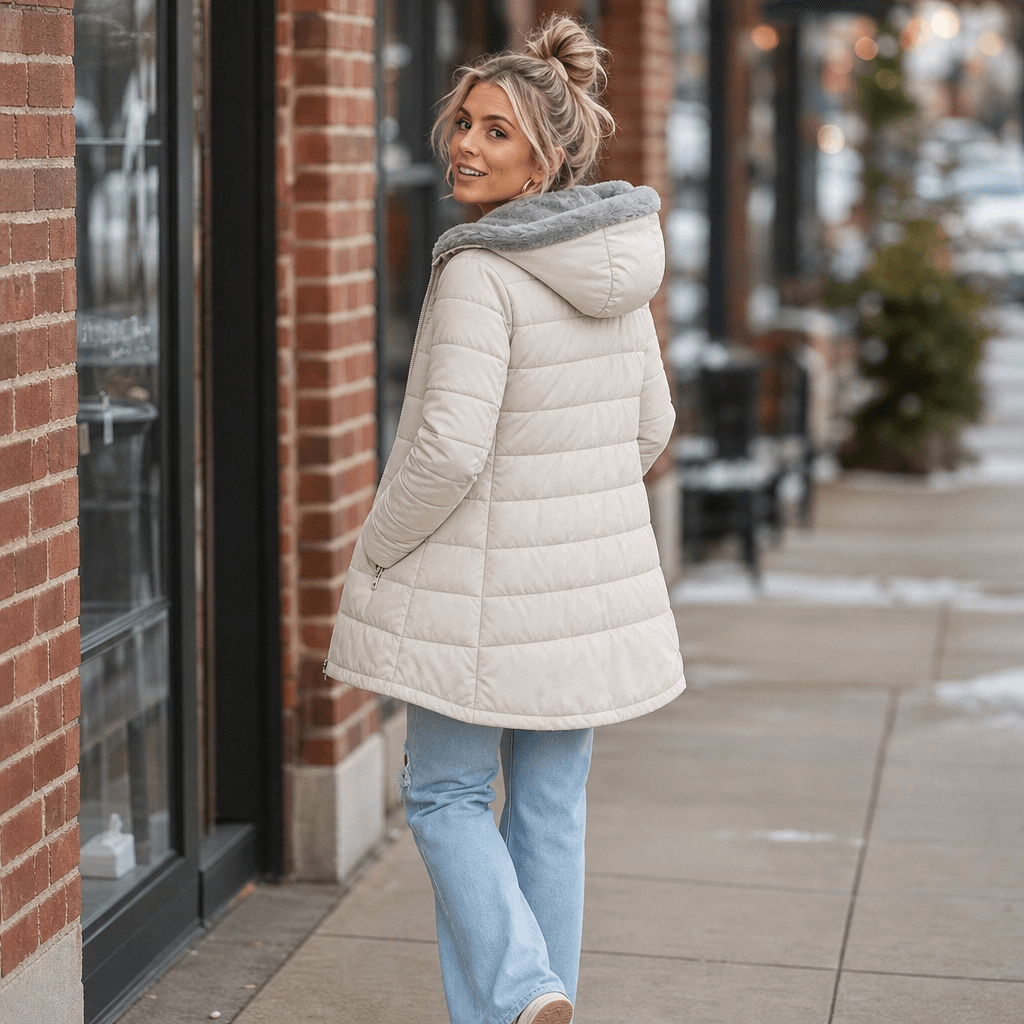 Women's Quilted Hooded Puffer Jacket with Zip Pockets and Insulated Lining