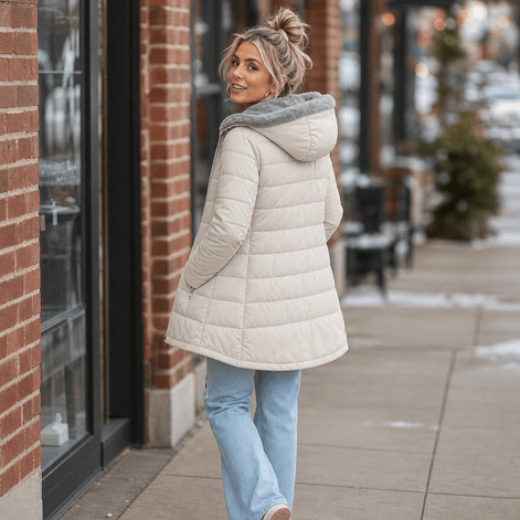 Women's Quilted Hooded Puffer Jacket with Zip Pockets and Insulated Lining