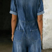Maya Tie-Front Wide-Leg Denim Jumpsuit with Pockets