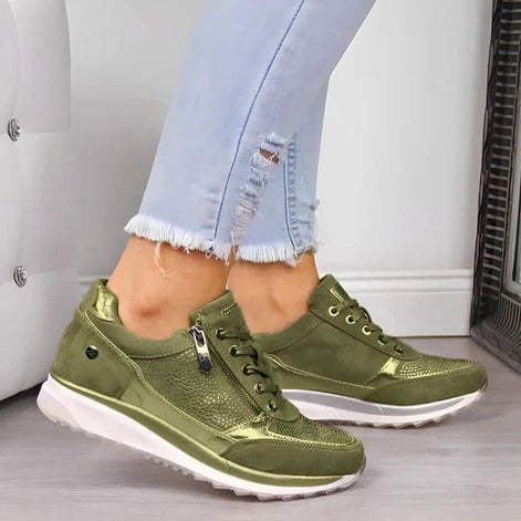 Women's Cushioned Sneakers with Lace-Up Closure and Zip Detail