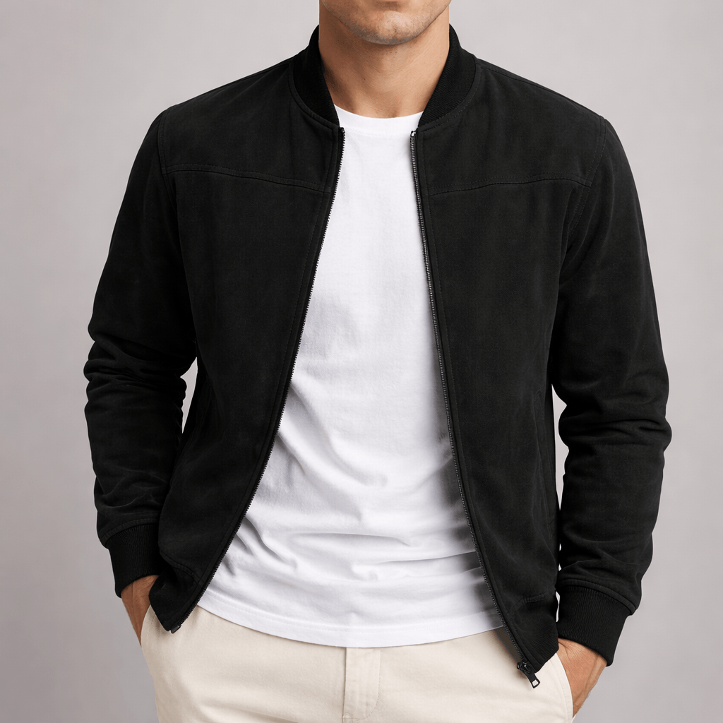 Men's Faux Suede Bomber Jacket with Ribbed Trim