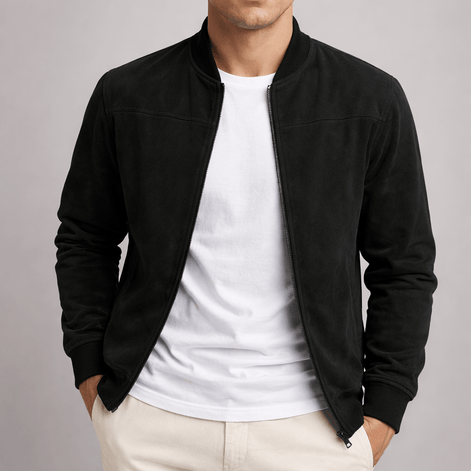 Men's Faux Suede Bomber Jacket with Ribbed Trim