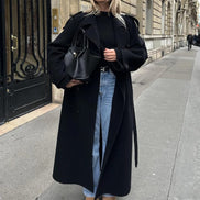 Double-Breasted Belted Wool Blend Trench Coat for Women