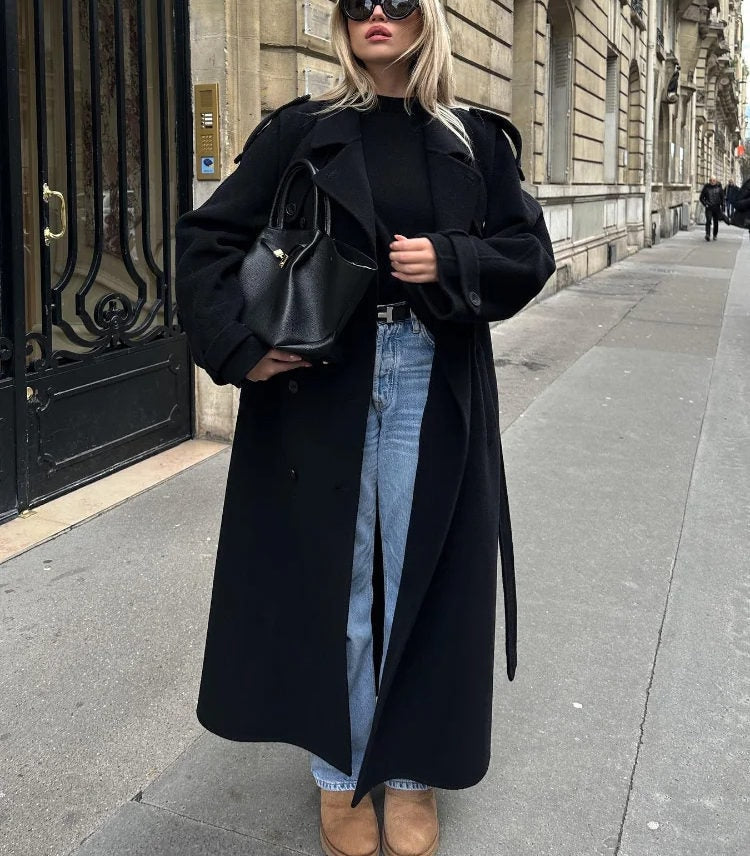 Double-Breasted Belted Wool Blend Trench Coat for Women