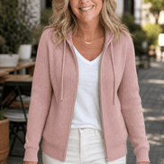 Women's Ribbed Zip-Up Hooded Knit Cardigan with Drawstring Hood