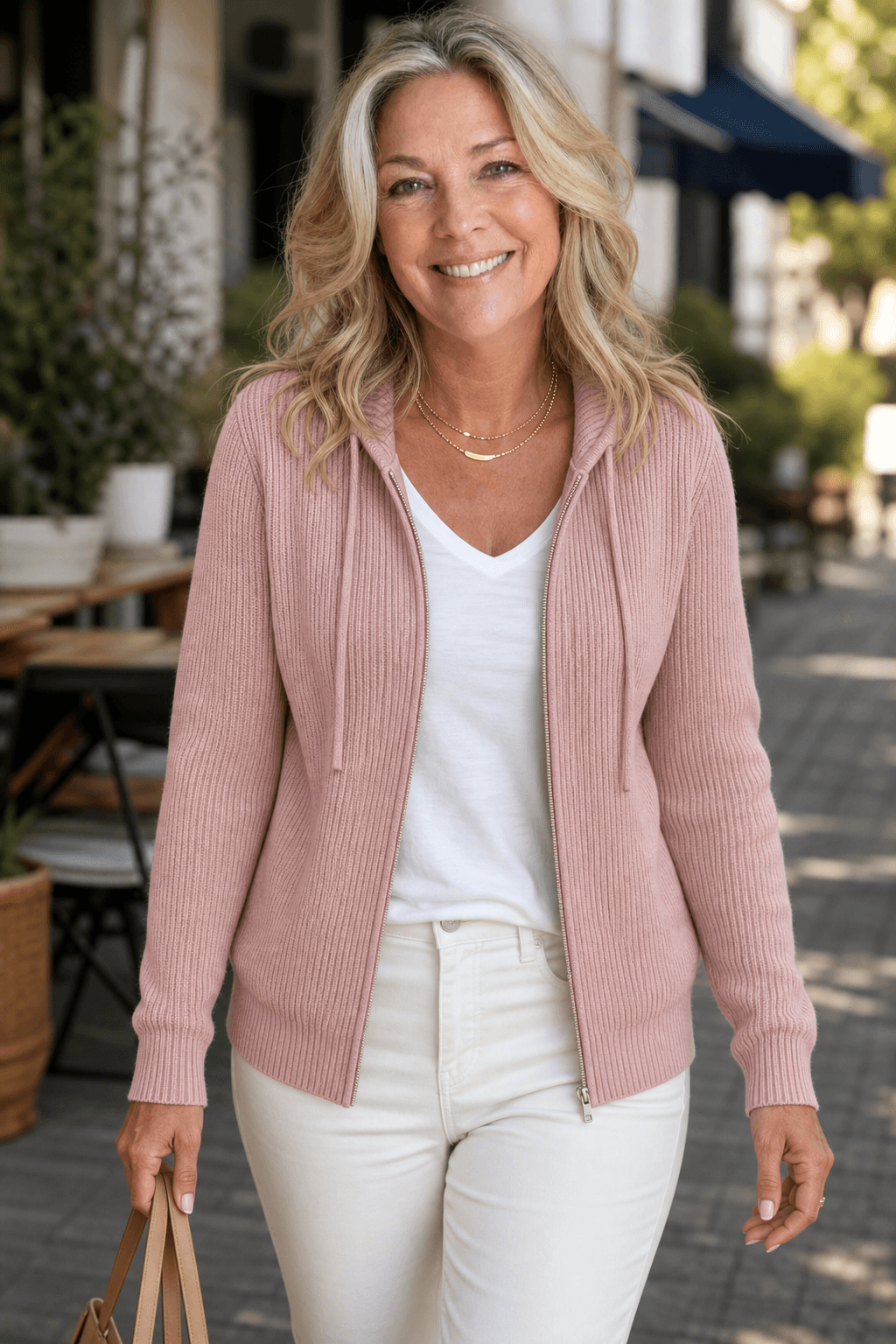 Women's Ribbed Zip-Up Hooded Knit Cardigan with Drawstring Hood