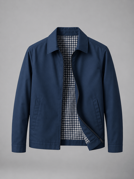 Lightweight Full Zip Mens Jacket with Checked Lining and Point Collar