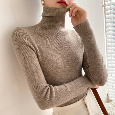 Ribbed Turtleneck Knitted Jumper for Ladies