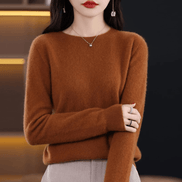 Crew Neck Cashmere Sweater with Ribbed Cuffs in Solid Pattern for Women