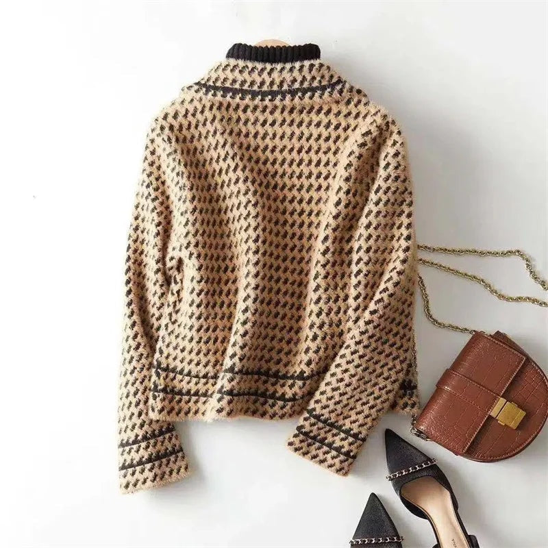Houndstooth Tweed Knit Jacket for Women's Tailored Wardrobe