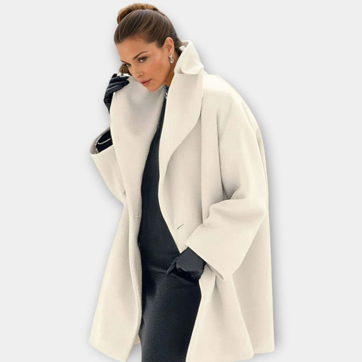 Women's Oversized Wide-Collar Wool-Blend Winter Coat with Knee-Grazing Length