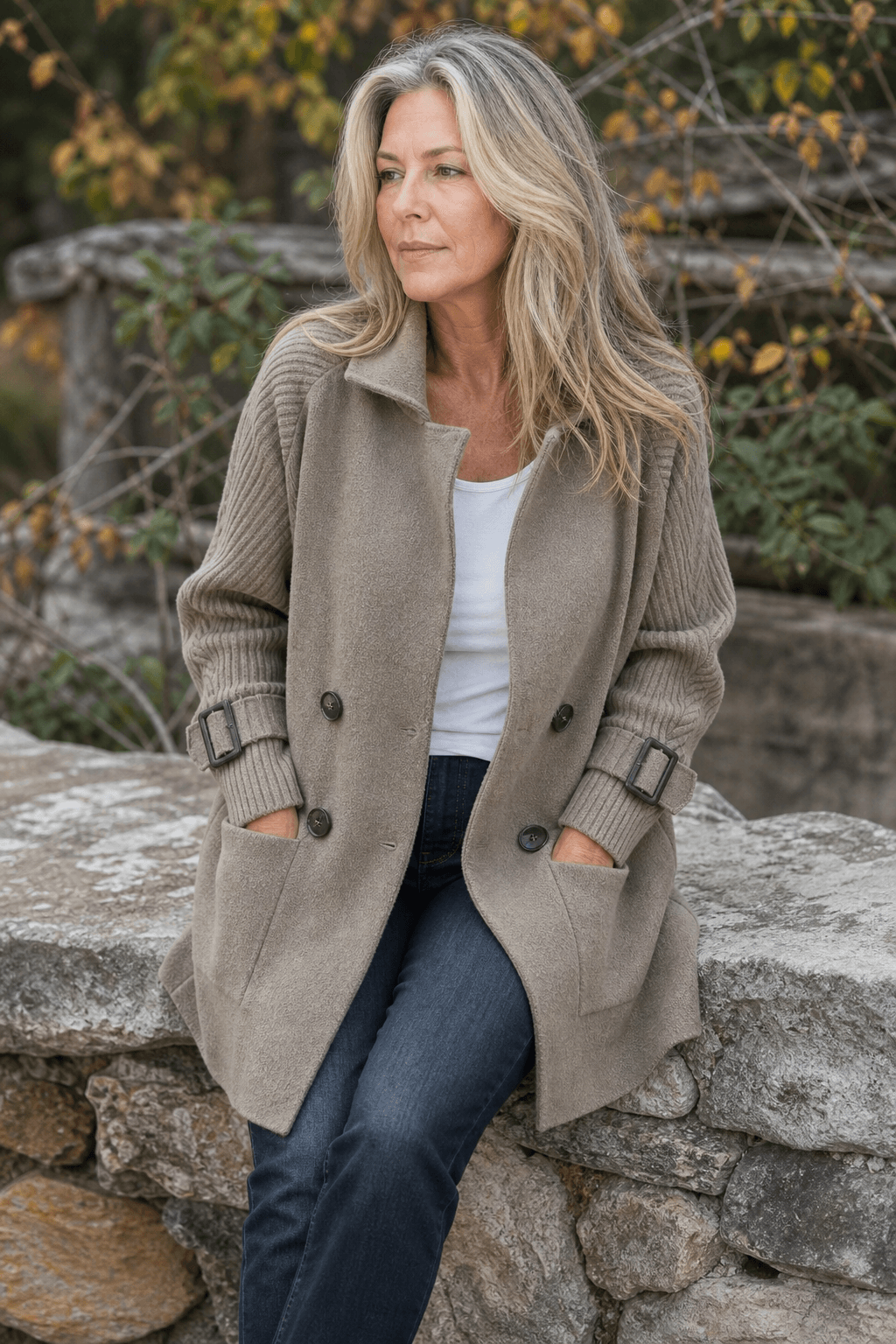 Isola Women's Cable-Knit Sleeve Double-Breasted Longline Winter Coat