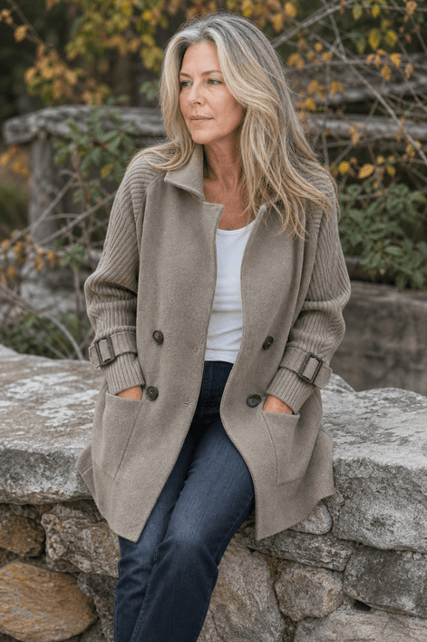 Isola Women's Cable-Knit Sleeve Double-Breasted Longline Winter Coat